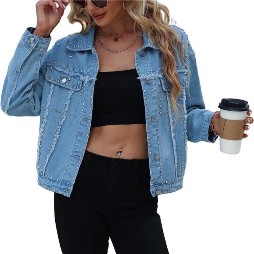 Blue Denim Studded Jacket Distressed Western Embellished Jean Trucker Jacket‎ - Picture 7 of 8